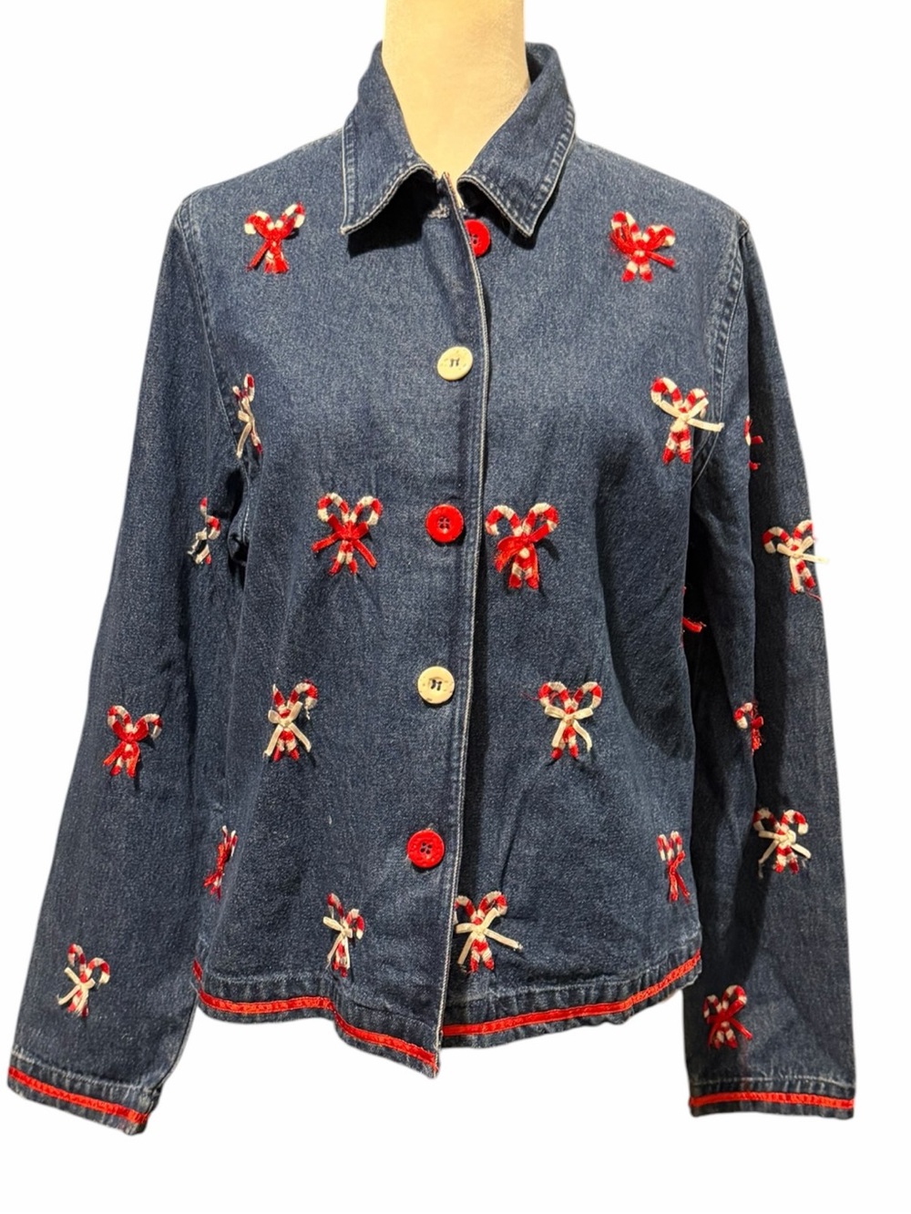 Vintage Keren Hart Christmas Holiday Denim Jacket Embroidered Candy Canes Size S